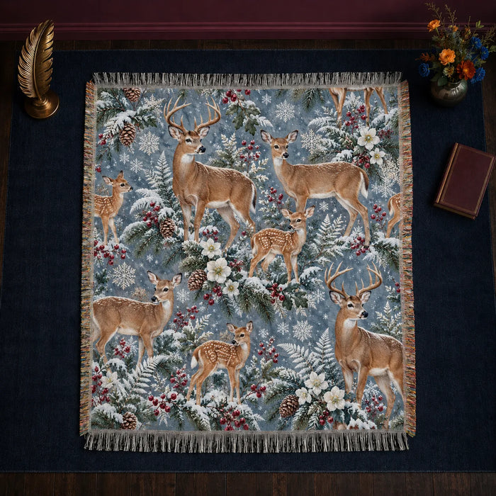 Winter Garden Deer woven throw blanket — deer and fawns among snowy pine, red berries, white flowers and snowflakes on blue-gray