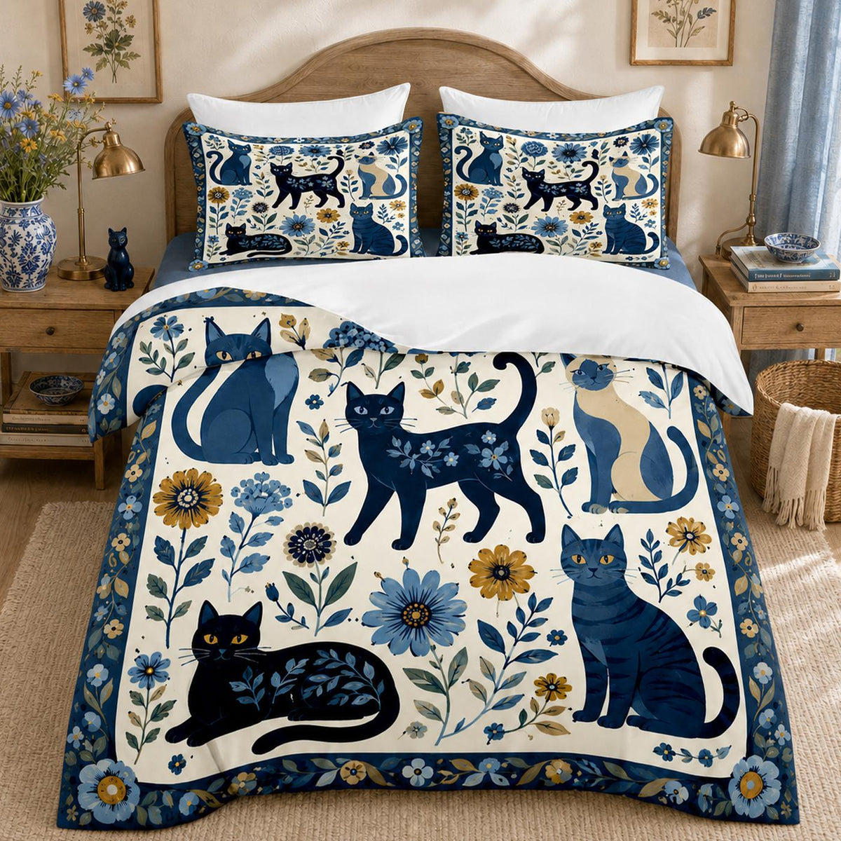 PawMoM Blue Bloom Cats Duvet Cover Set