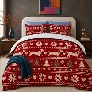 Fair Isle Dachshund Christmas comforter set — deep red knit print with cream dachshunds and sage-green trees