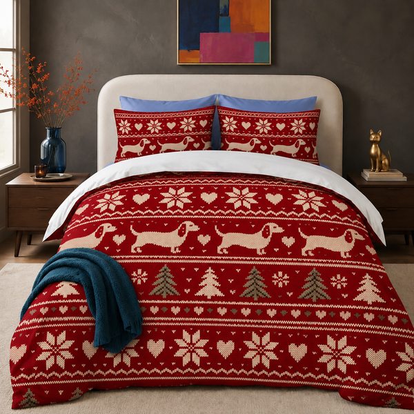 Fair Isle Dachshund Christmas comforter set — deep red knit print with cream dachshunds and sage-green trees
