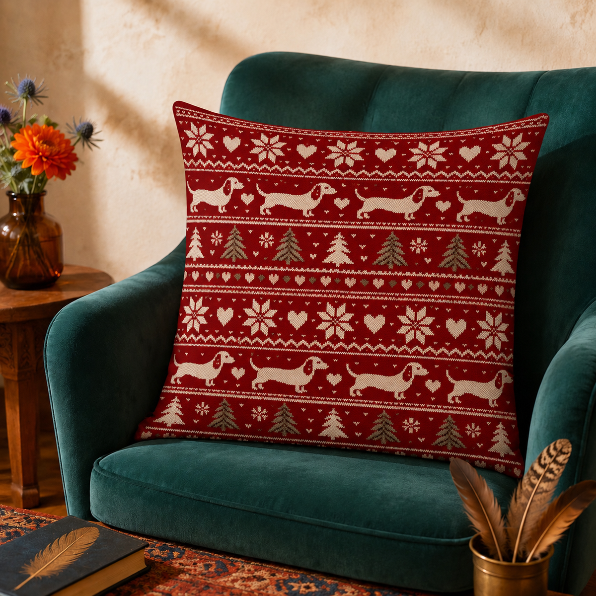 Fair Isle Dachshund Christmas cushion cover set — deep red knit print with cream dachshunds and sage-green trees