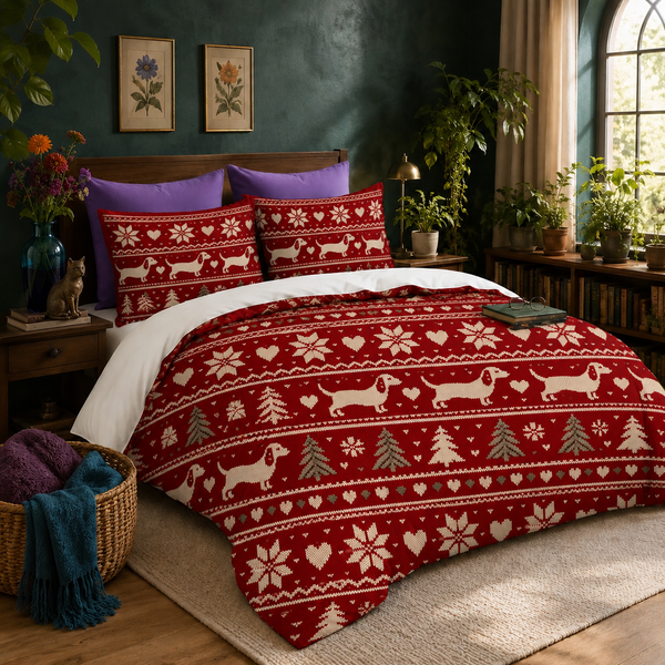 Fair Isle Dachshund Christmas duvet cover set — deep red knit print with cream dachshunds and sage-green trees