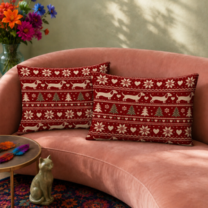 Fair Isle Dachshund Christmas pillowcase set — deep red knit print with cream dachshunds and sage-green trees