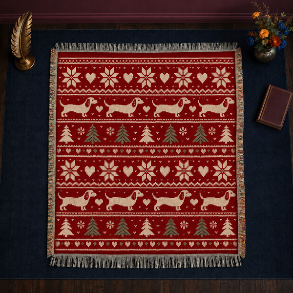 Fair Isle Dachshund Christmas woven throw blanket — deep red jacquard weave with cream dachshunds and knotted fringe