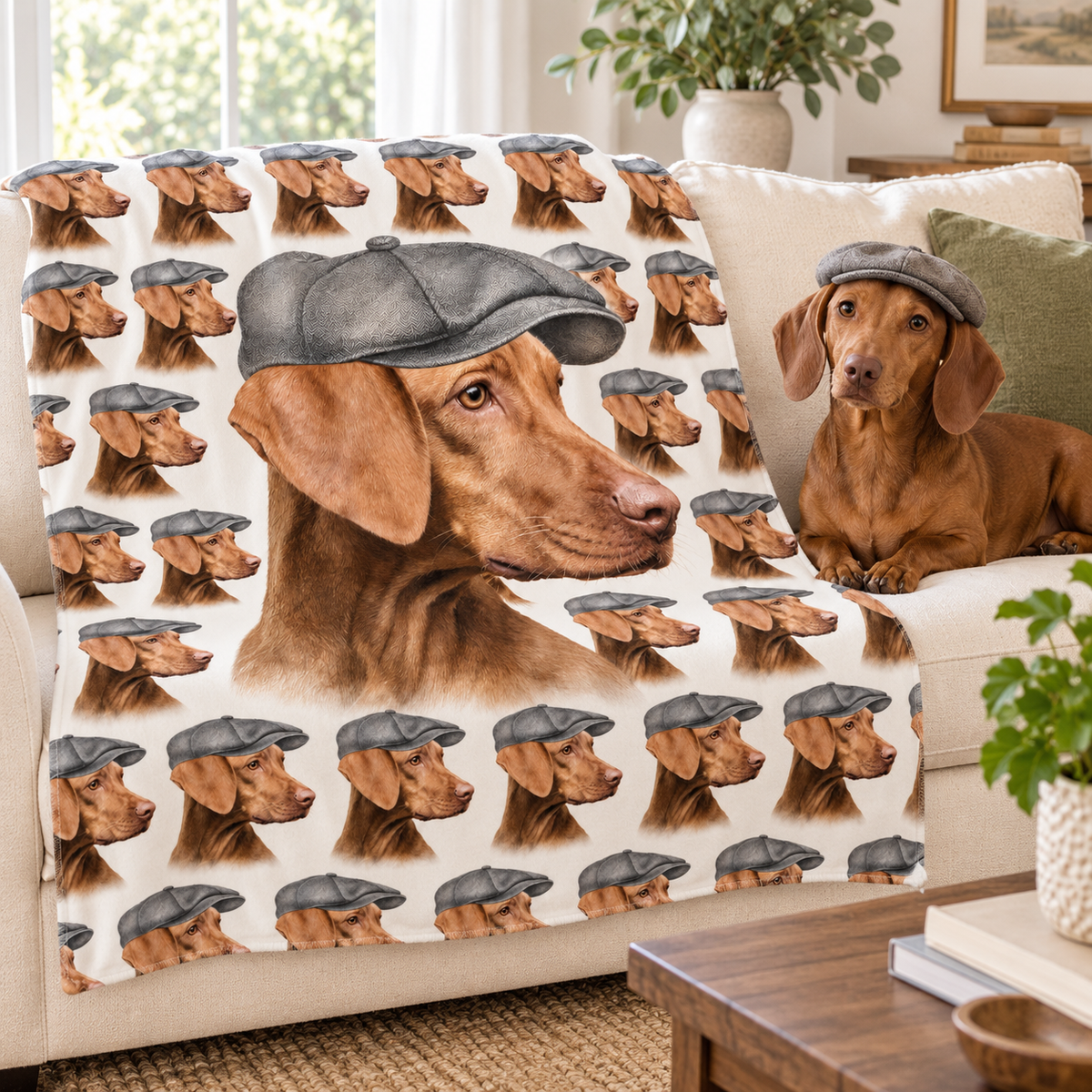 Flat cap dog face repeat photo blanket on a sofa with a cushion
