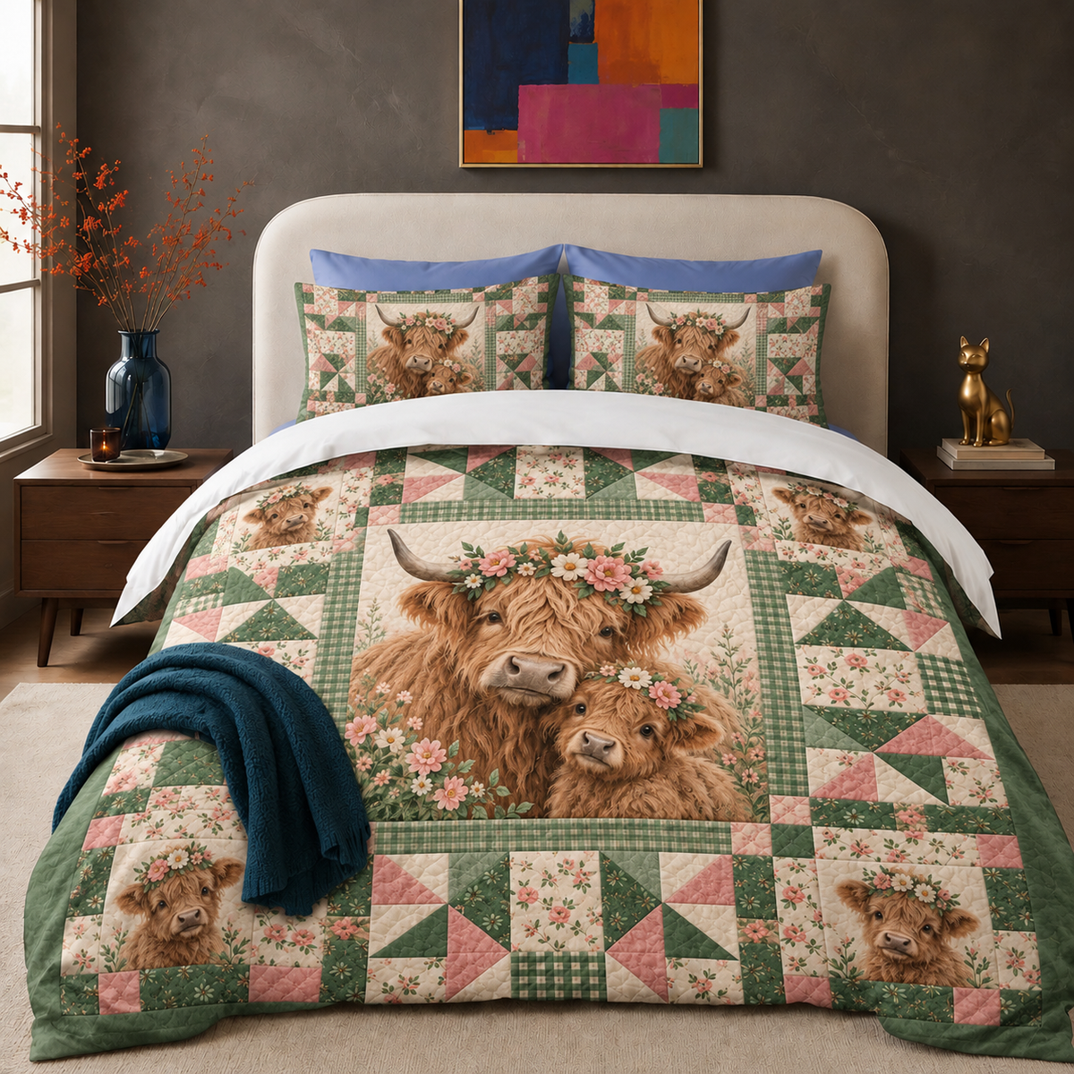 Floral Patchwork Highland Cow Comforter Set — highland cow mum and calf in flower crowns inside a sage green and dusty pink patchwork frame