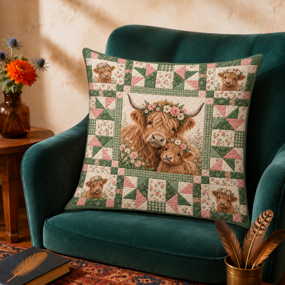 Floral Patchwork Highland Cow Cushion Cover Set — highland cow mum and calf in flower crowns inside a sage green and dusty pink patchwork frame