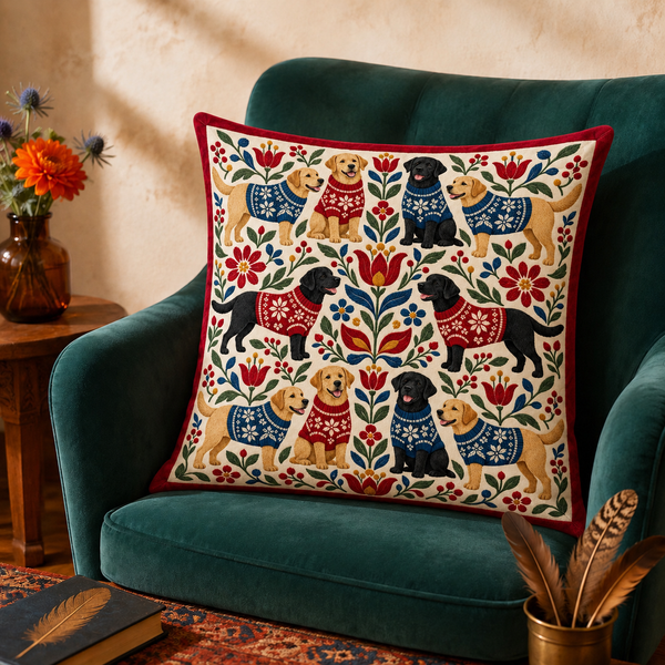 Folk Floral Sweater Labradors Cushion Cover Set — Scandinavian folk-art golden and black Labradors in red and blue knit sweaters on a cream ground with red binding