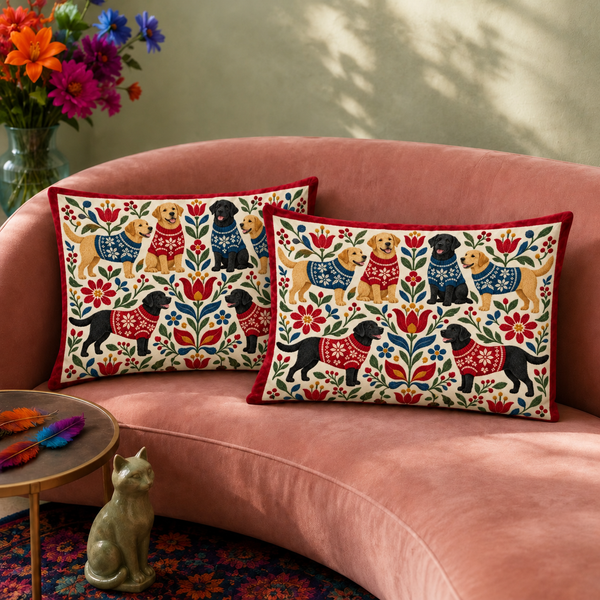 Folk Floral Sweater Labradors Pillowcase Set — Scandinavian folk-art golden and black Labradors in red and blue knit sweaters on a cream ground with red binding