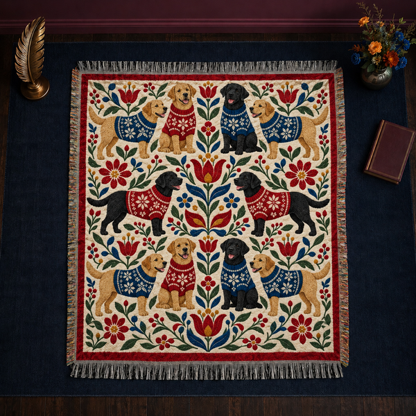 Folk Floral Sweater Labradors Woven Throw Blanket — Scandinavian folk-art golden and black Labradors in red and blue knit sweaters woven on a cream ground