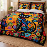 Folk Flower Black Cat Quilt – Quilted Cat Bedspread