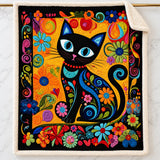 Folk Flower Black Cat Sherpa Blanket