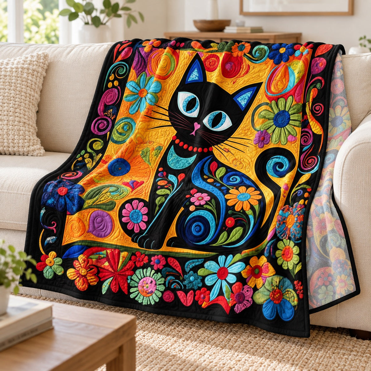 Folk Flower Black Cat fleece throw blanket – lightweight printed fleece draped over a cream sofa