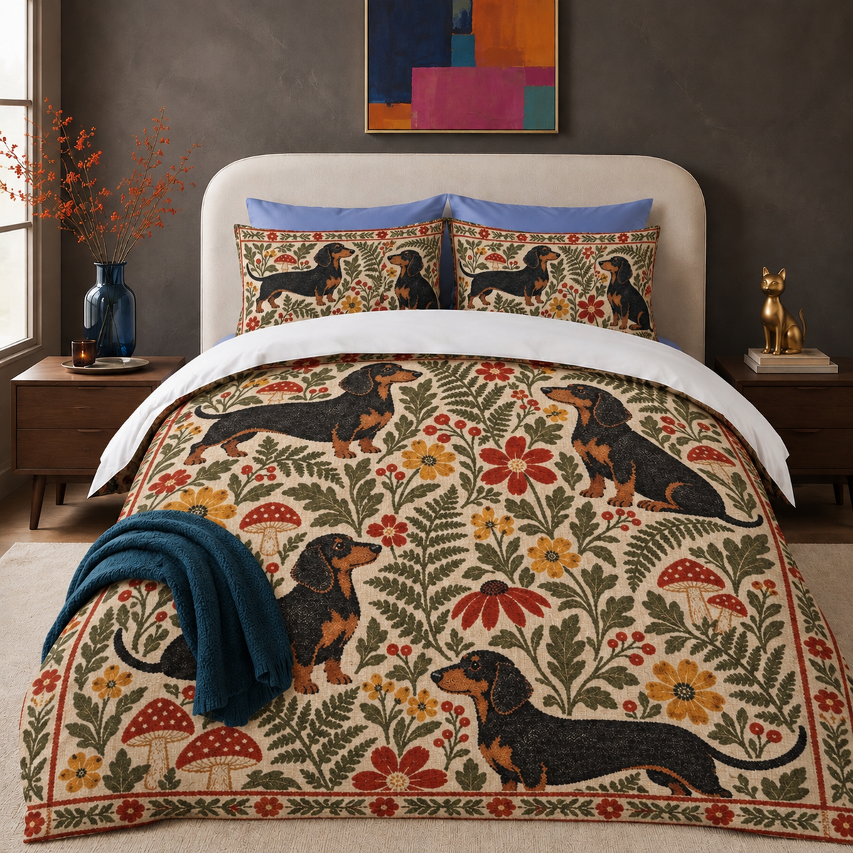 Folk Garden Dachshund comforter set in cream with olive, red and gold folk-art print