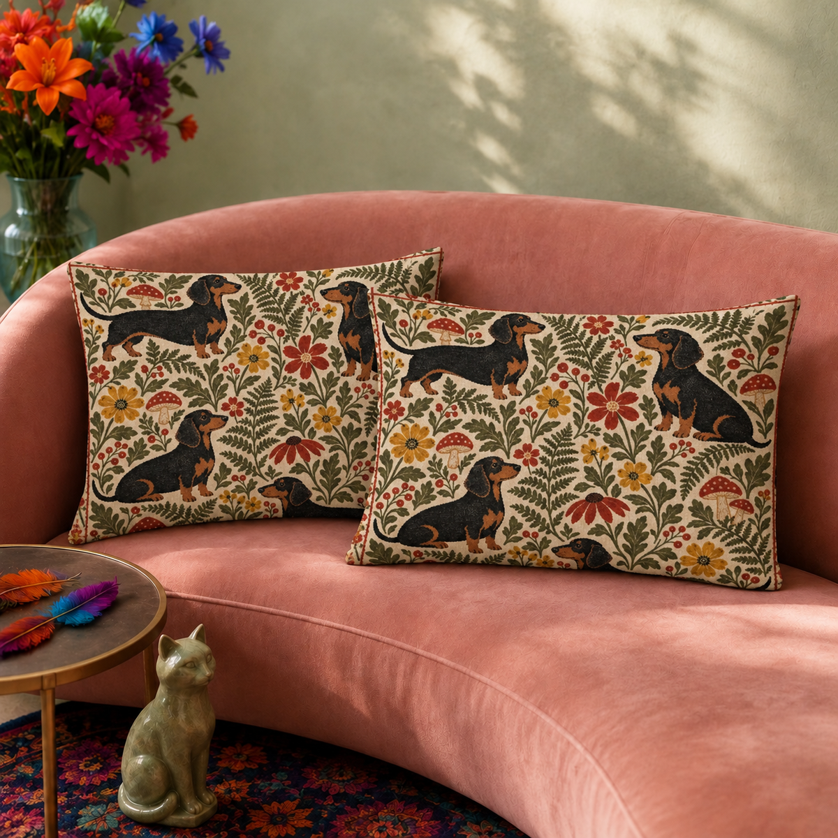 Folk Garden Dachshund pillowcase set in cream with olive, red and gold folk-art print