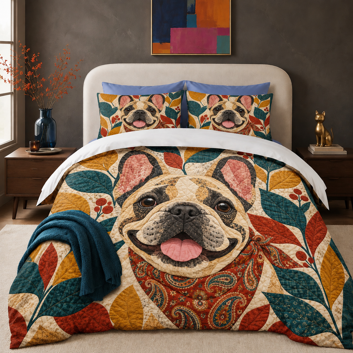 Folk Patchwork French Bulldog comforter set with two matching shams on a made bed