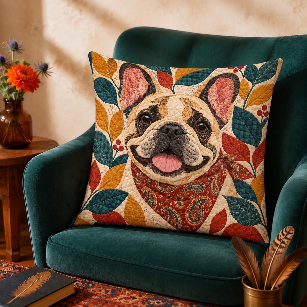 Two Folk Patchwork French Bulldog cushion covers on a sofa