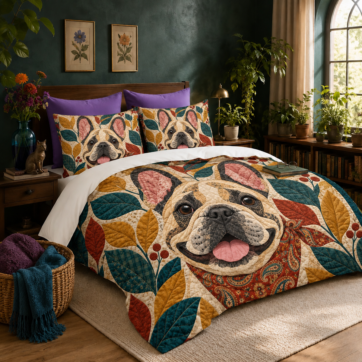 Folk Patchwork French Bulldog duvet cover set with two matching shams on a made bed
