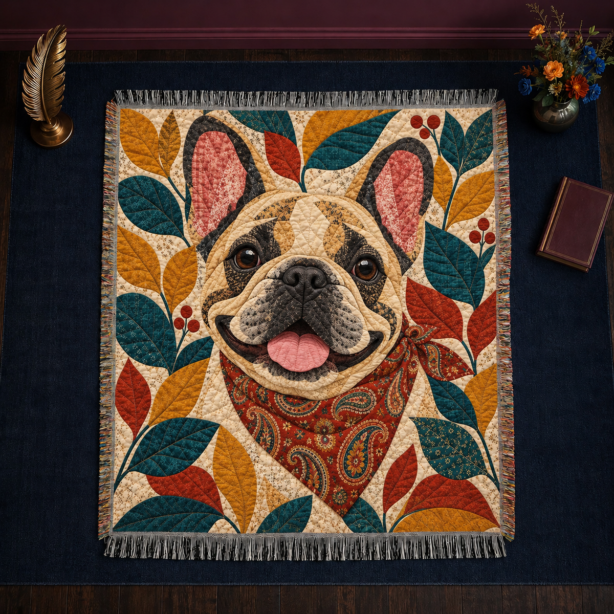 Folk Patchwork French Bulldog jacquard woven throw blanket with knotted fringe over an armchair
