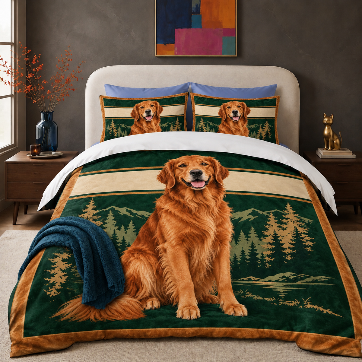 Forest Green Golden Retriever Portrait comforter set with two matching shams on a bed