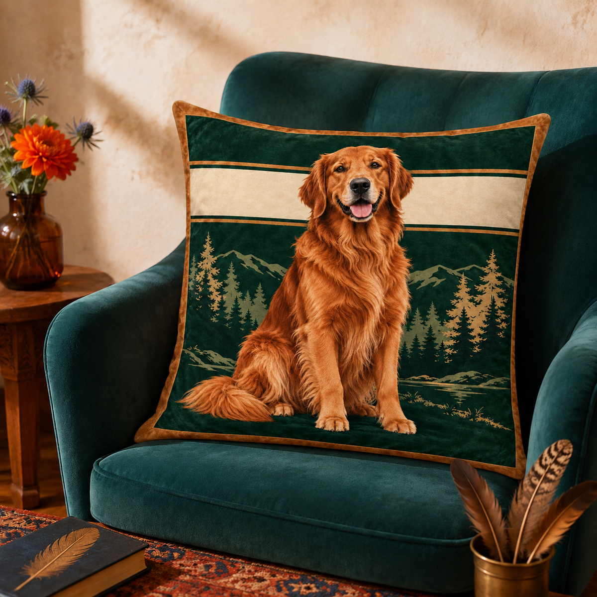 Forest Green Golden Retriever Portrait cushion cover on an armchair