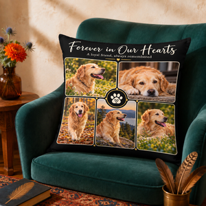 Forever in Our Hearts cushion cover on an armchair. Five photos on black, with a gold paw medallion at the centre.