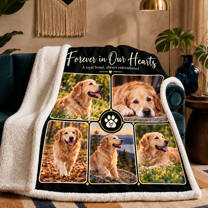 Forever in Our Hearts sherpa blanket draped over a sofa, plush cream sherpa reverse showing. Five photos on black, with a gold paw medallion at the centre.