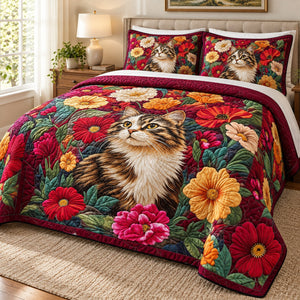 Garden Bloom Tabby Cat quilt set – quilt and two matching shams on a queen bed in a bright neutral bedroom