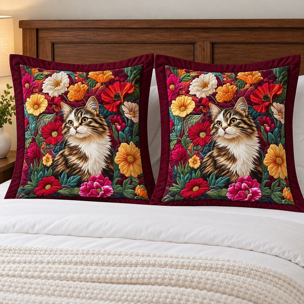 Garden Bloom Tabby Cat pillow shams – two flanged shams standing against a wooden headboard