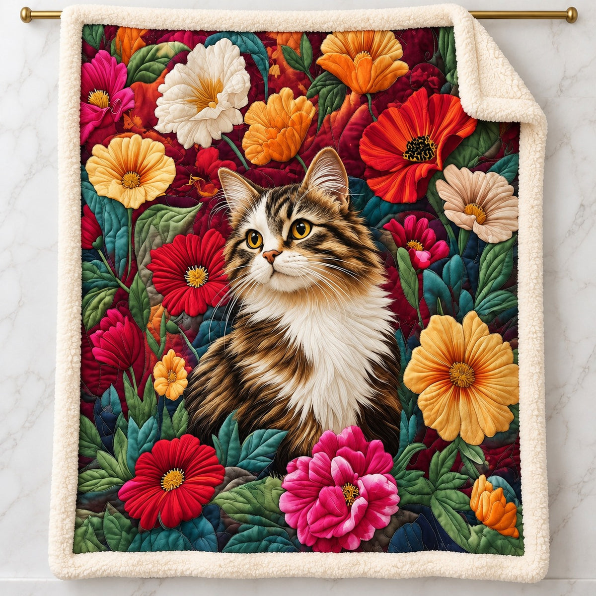 Garden Bloom Tabby Cat sherpa blanket – smooth printed flannel front with plush cream sherpa back, hanging on a gold rod