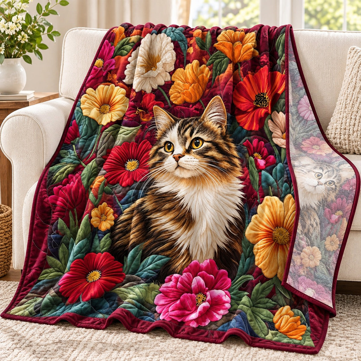 Garden Bloom Tabby Cat fleece throw blanket – lightweight printed fleece draped over a cream sofa