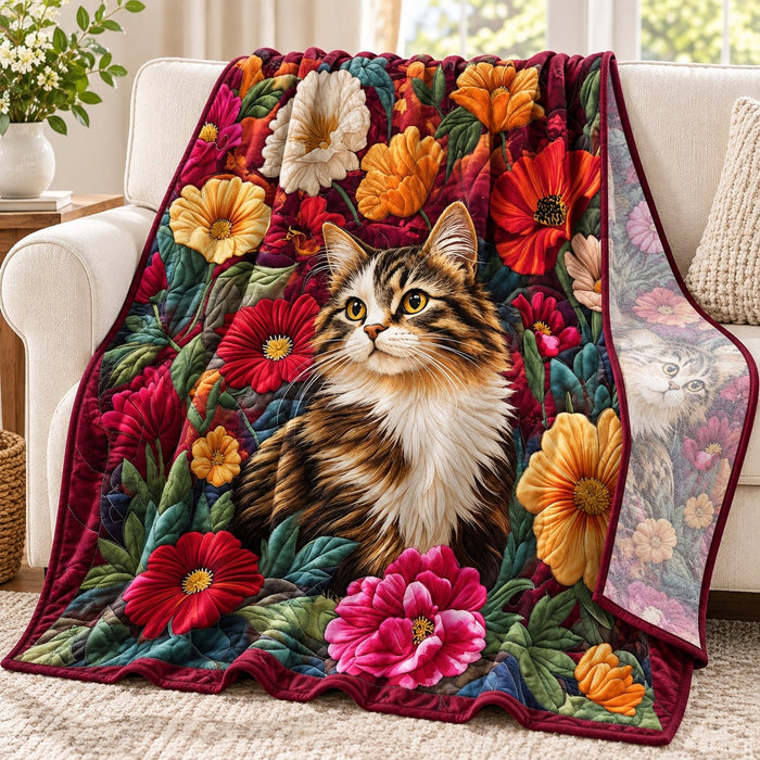 Garden Bloom Tabby Cat fleece throw blanket – lightweight printed fleece draped over a cream sofa
