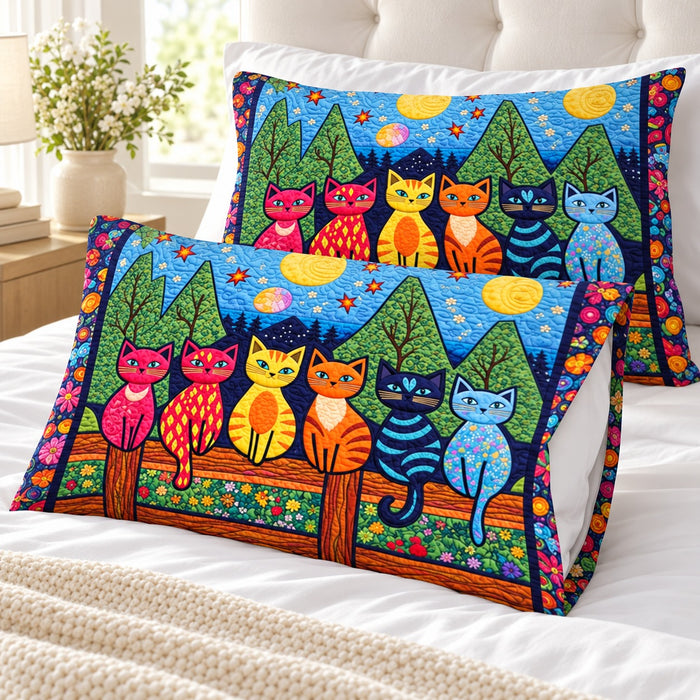 Garden Fence Cats pillowcases – set of two printed pillowcases on a white bed