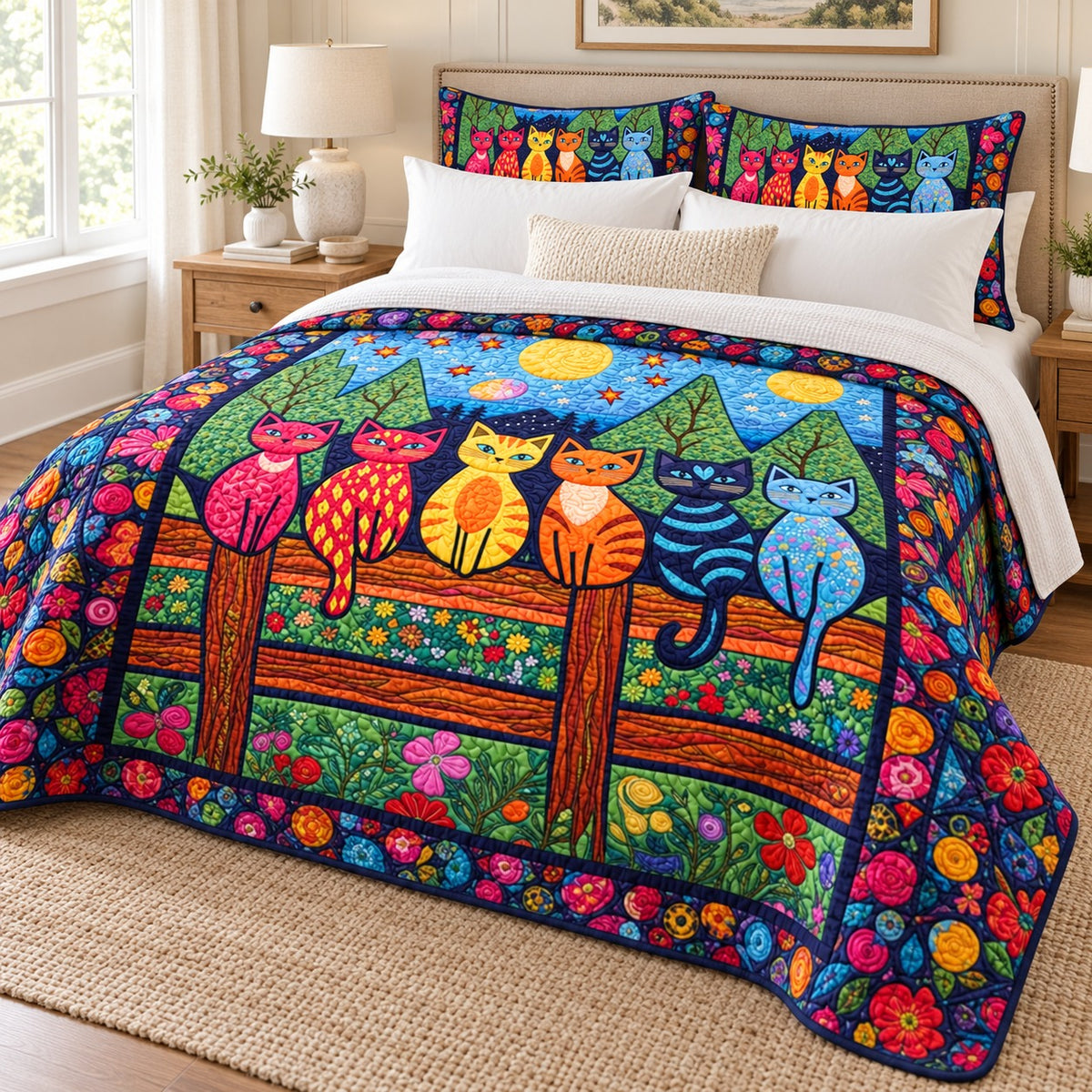 Garden Fence Cats quilt set – quilt and two matching shams on a queen bed in a bright neutral bedroom