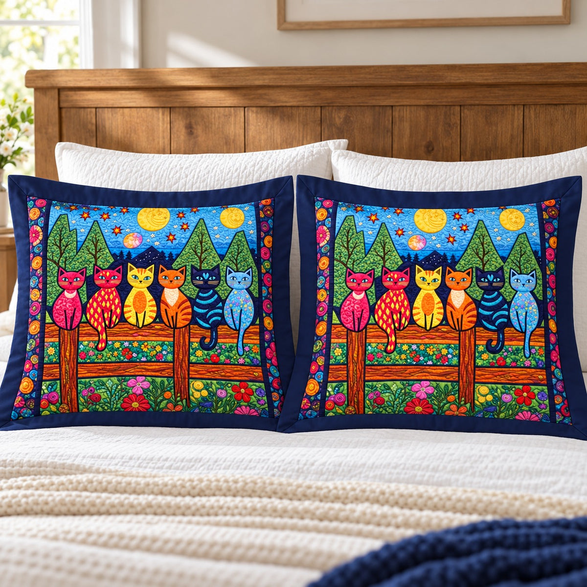 Garden Fence Cats pillow shams – two shams with navy flange border against a wooden headboard