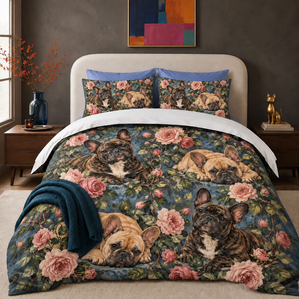 Garden Rose French Bulldogs comforter set with two matching shams on a made bed