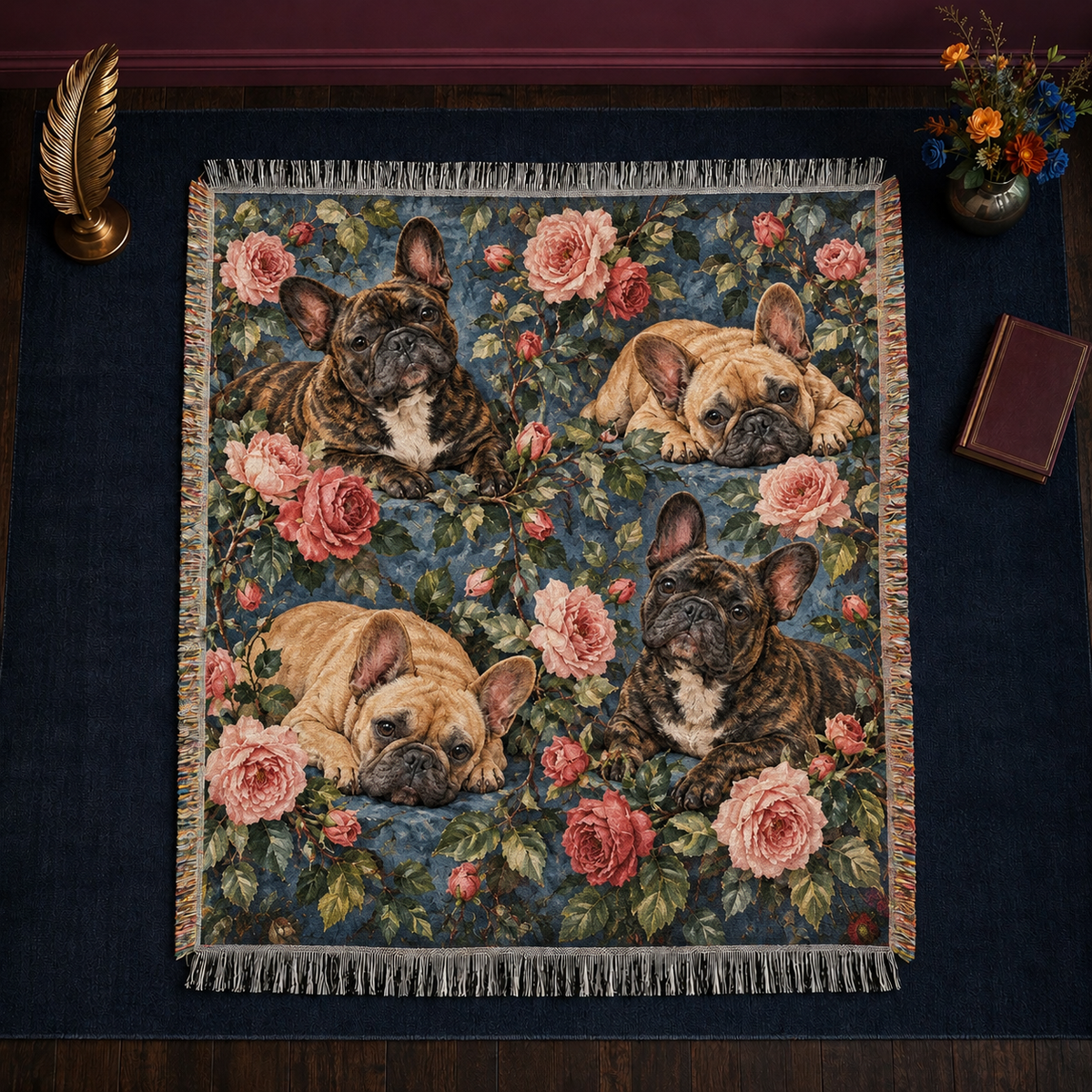 Garden Rose French Bulldogs woven throw blanket laid flat, knotted fringe on all four sides