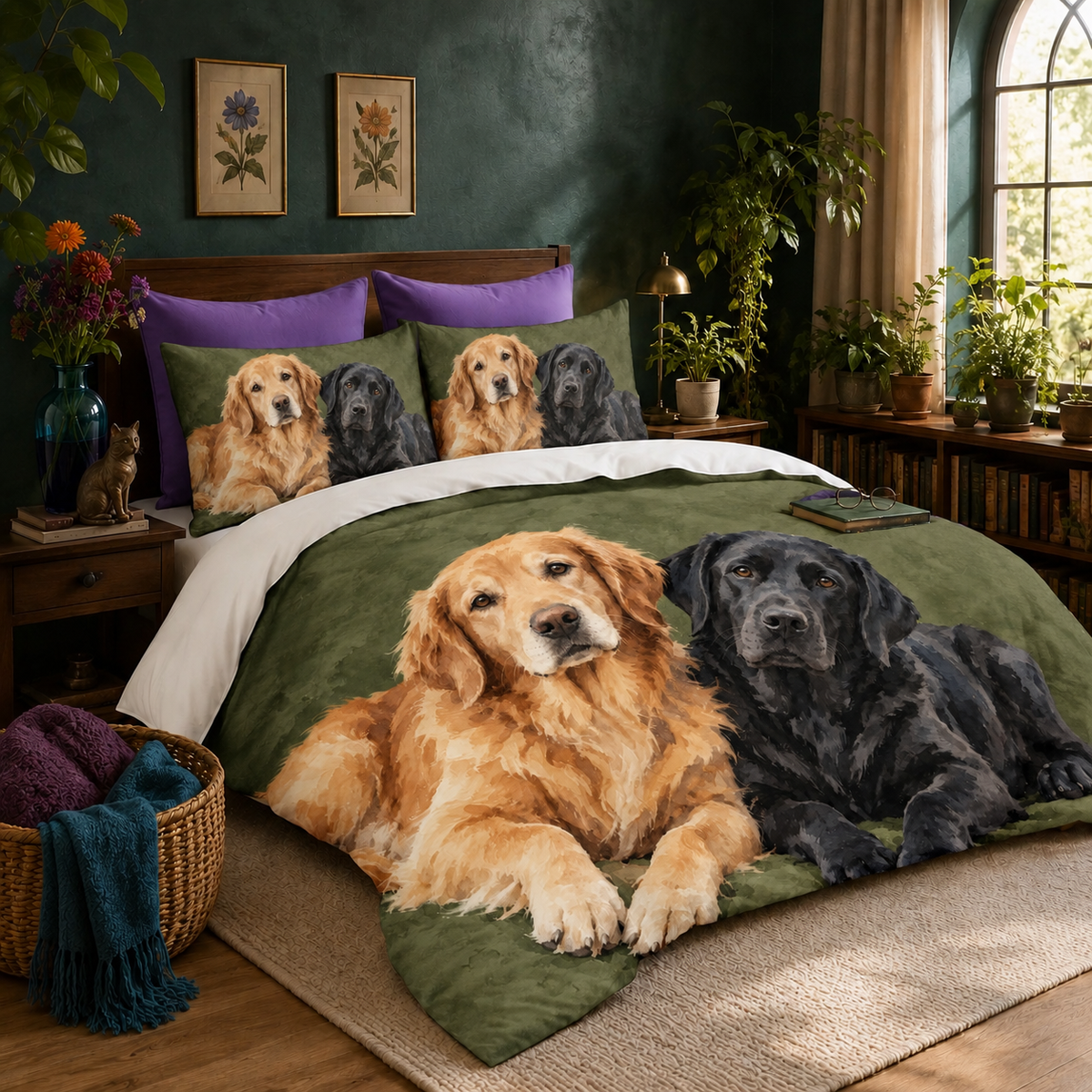 Golden Retriever & Black Lab Duo duvet cover set — watercolour golden retriever and black Labrador on sage green, with two matching shams