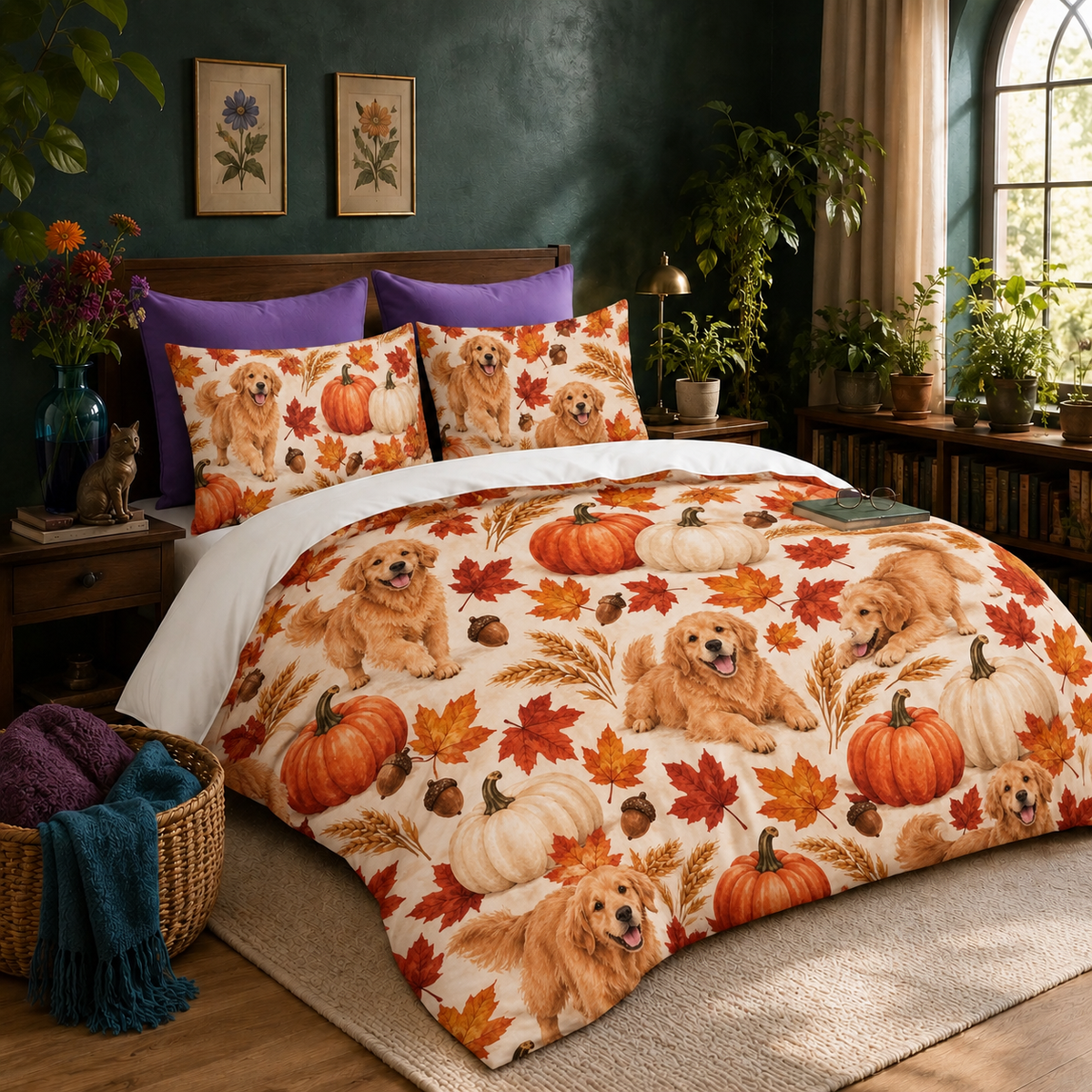 Golden Retriever Pumpkin Harvest duvet cover set on a made bed with two matching shams