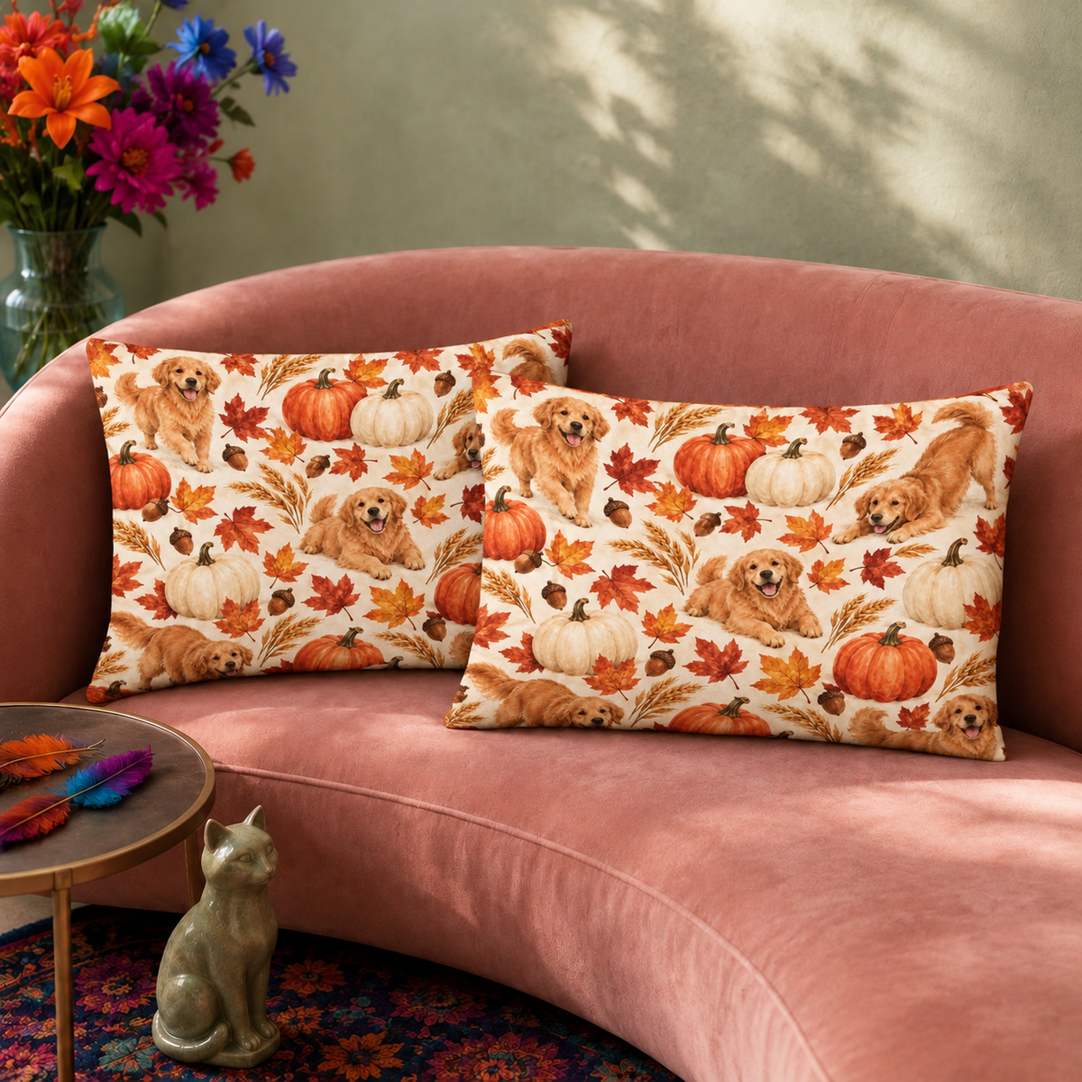 Golden Retriever Pumpkin Harvest pillowcase set, two matching pillowcases on a sofa
