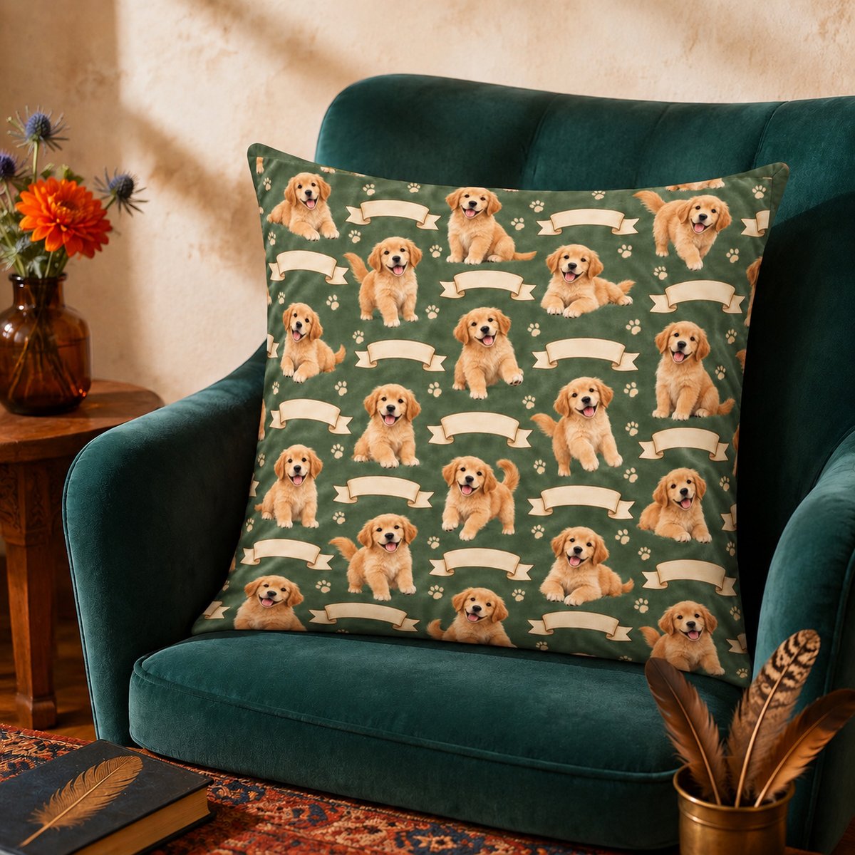 Golden Retriever Puppy Ribbon cushion cover — square sage green cushion with golden retriever puppies and cream ribbon banners on a velvet chair