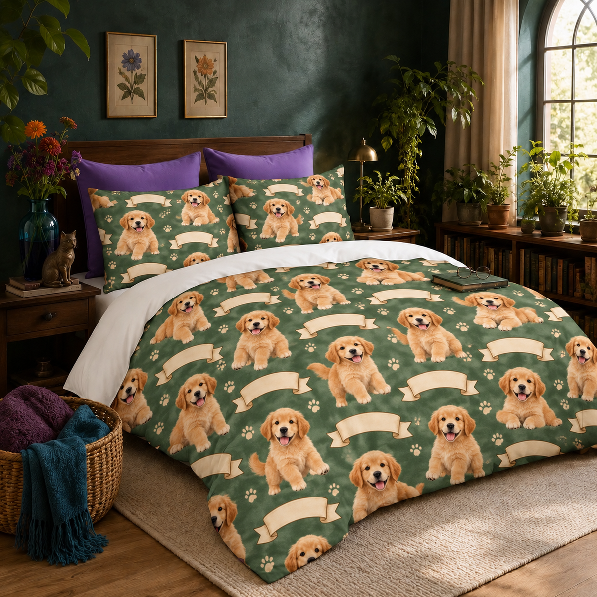 Golden Retriever Puppy Ribbon duvet cover set — sage green duvet cover with golden retriever puppies and cream ribbon banners, two matching shams