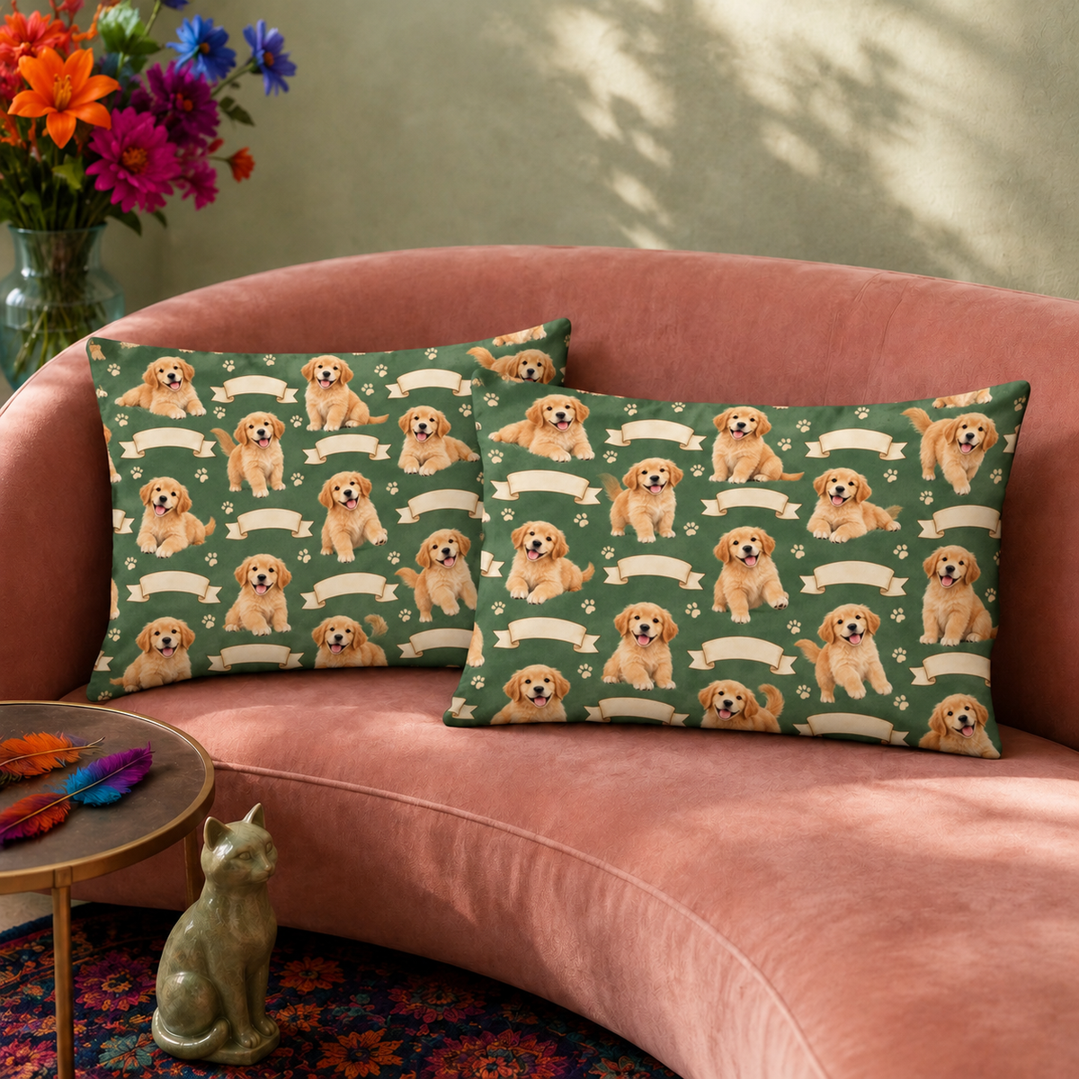 Golden Retriever Puppy Ribbon pillowcase set — two sage green pillowcases with golden retriever puppies and cream ribbon banners