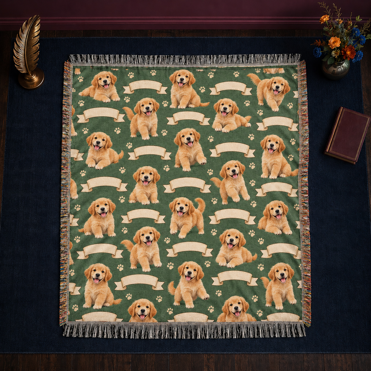 Golden Retriever Puppy Ribbon woven throw blanket — sage green jacquard-woven throw with golden retriever puppies and knotted fringe on all four sides