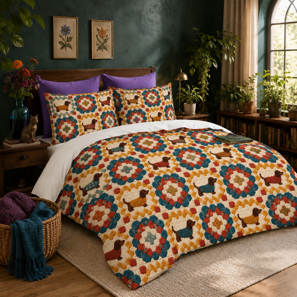 Granny Square Dachshund duvet cover set — crochet granny squares in marigold, teal and tomato red with dachshunds in knitted sweaters