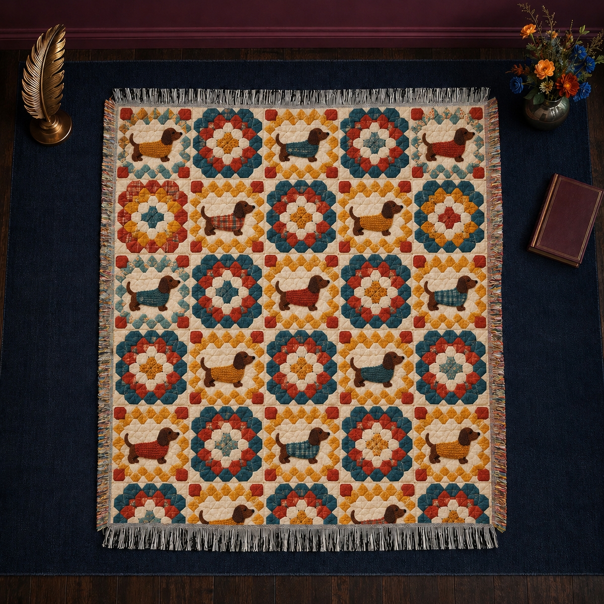 Granny Square Dachshund woven throw blanket — crochet granny squares in marigold, teal and tomato red with dachshunds in knitted sweaters
