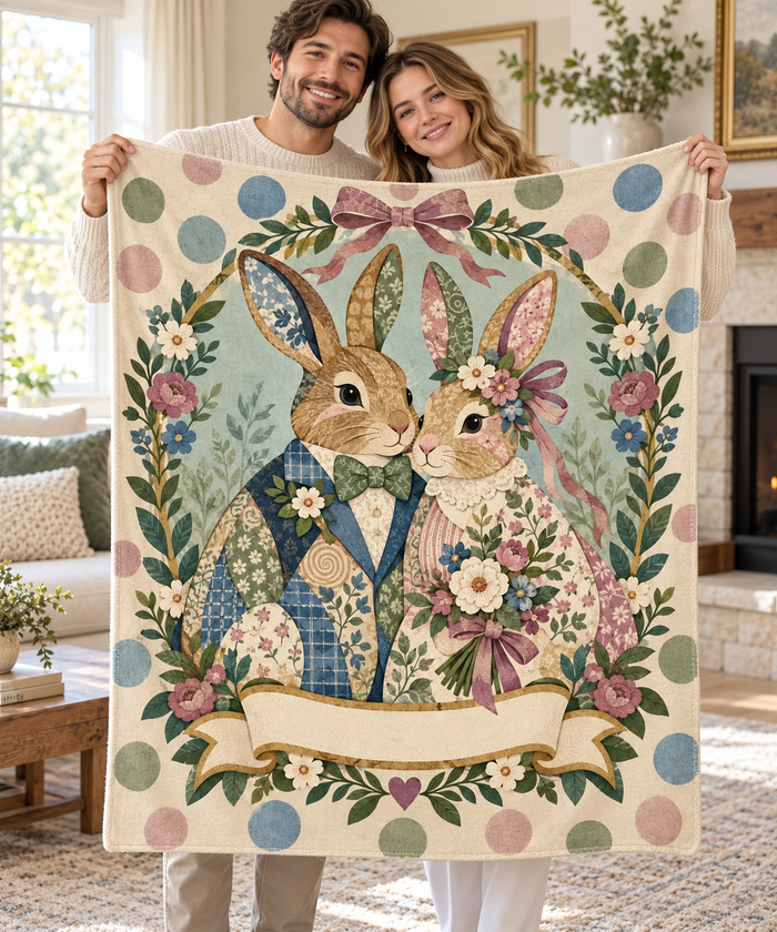 Woman holding open the Heirloom Ribbon Bunny personalised couple name blanket