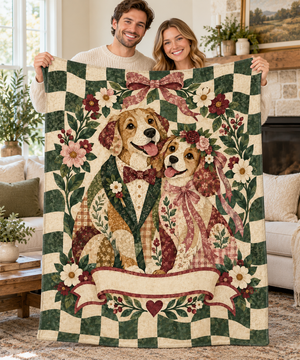 Woman holding open the Heirloom Ribbon Dog personalised couple name blanket