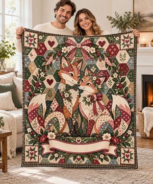 Woman holding open the Heirloom Ribbon Fox personalised couple name blanket