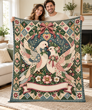 Woman holding open the Heirloom Ribbon Lovebird personalised couple name blanket